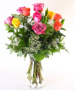 Mixed One Dozen Roses In Vase